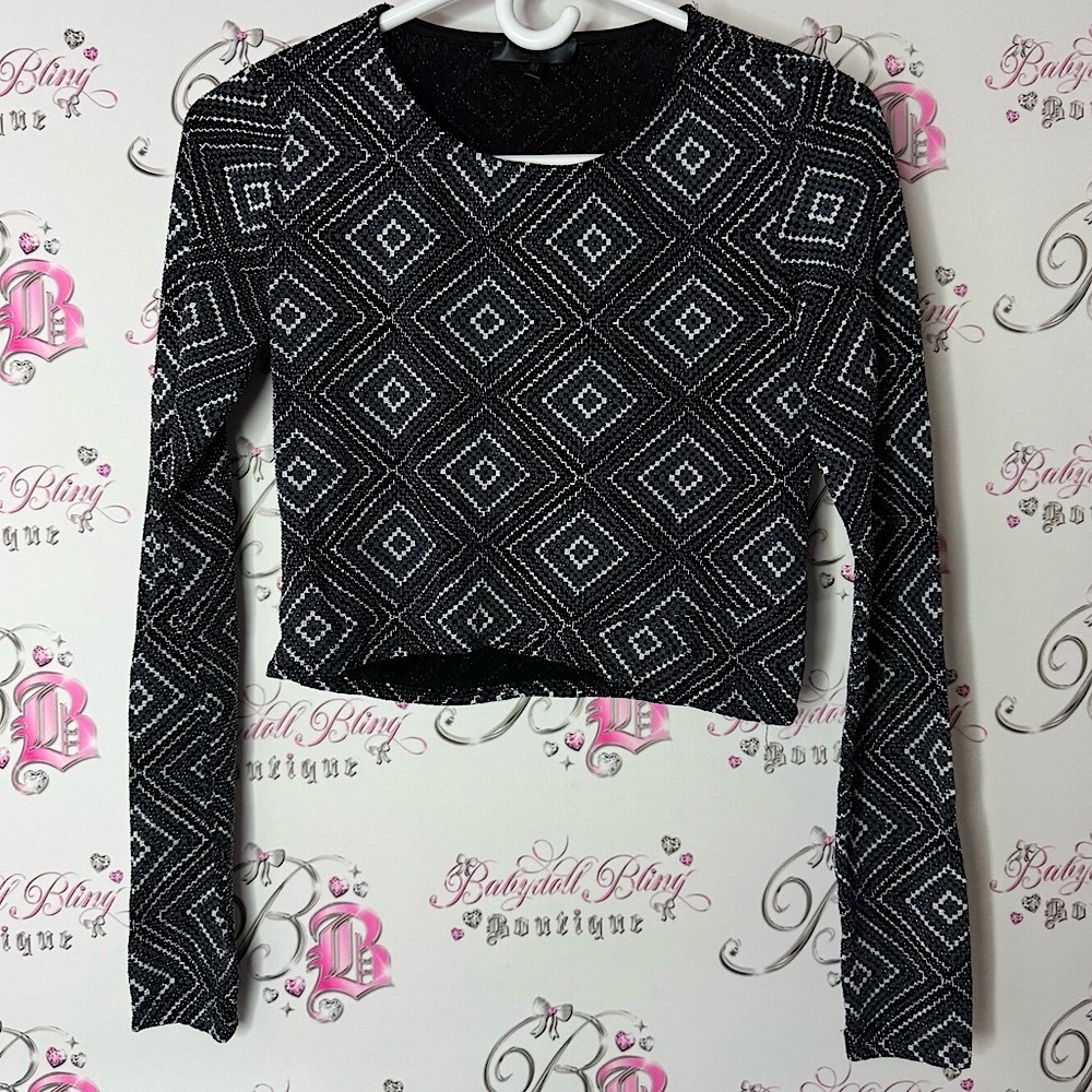 Koton party wear sparkly top cropped Black and White Geometric Women's Top
